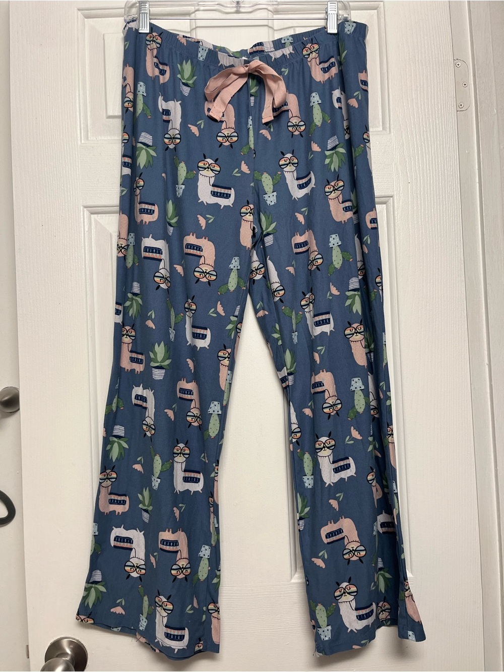Bobbie Brooks Blue Llama Print Pajama Pants with Pink Tie